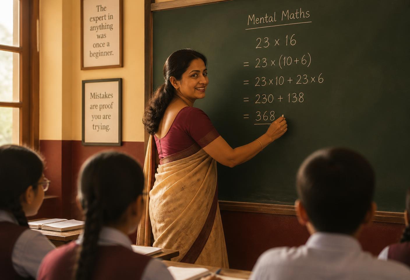 A teacher writing a Vedic multiplication step on a blackboard while students watch