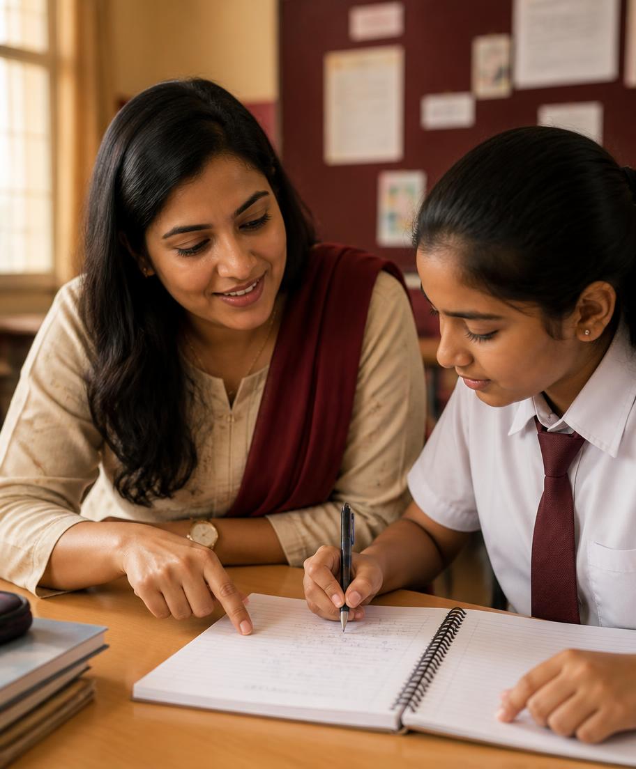 A teacher coaching a student one-on-one through a mental-maths method