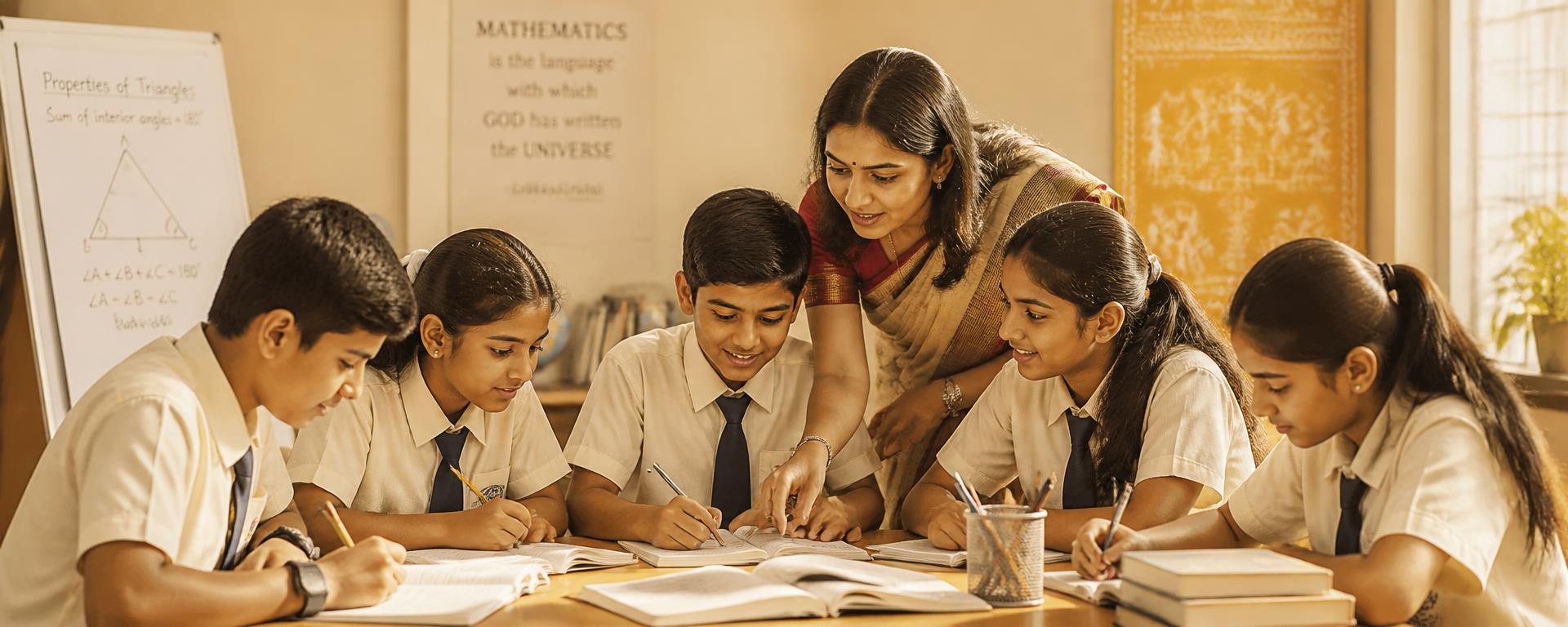 A group of students working together on mental-maths problems in a warm Indian classroom