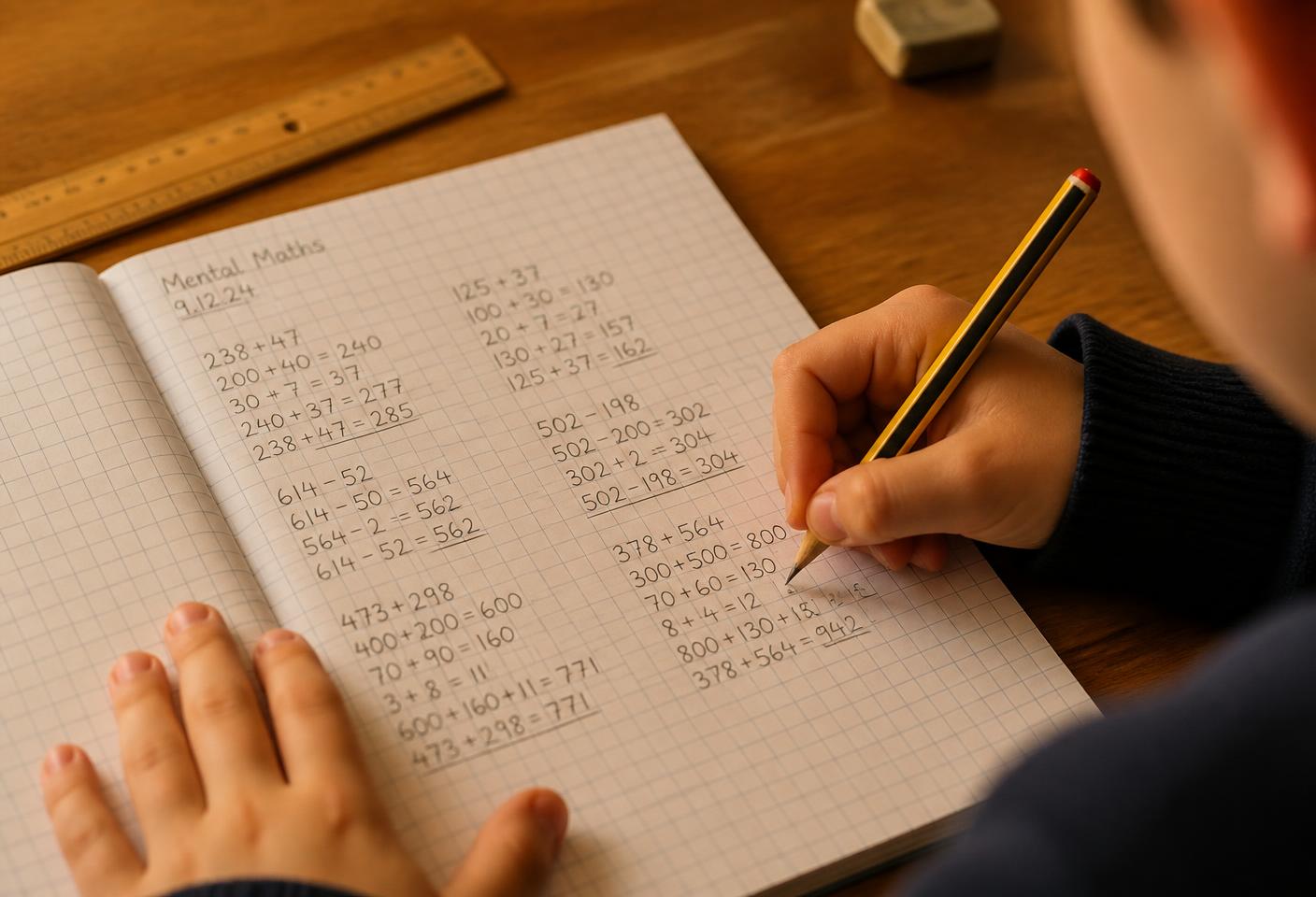 Close-up of a student's notebook showing mental-maths working in pencil