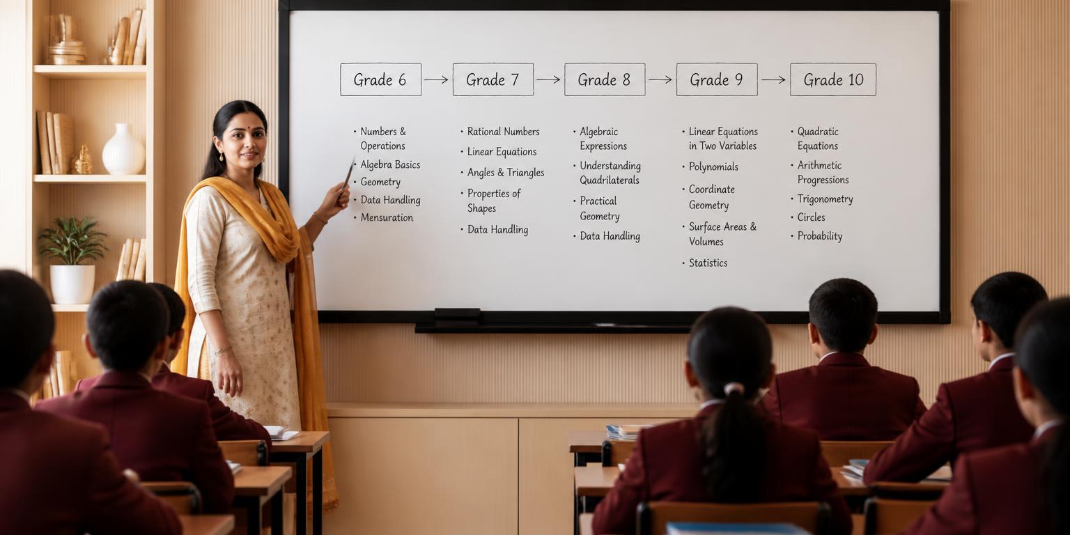 A teacher at a whiteboard pointing to a grade-by-grade progression chart